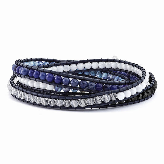 34 Inch Blue Agate/Crystal/Sodalite/Leather Multi-Wrap Bracelet