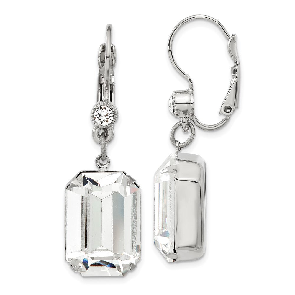 Fashion 1928 Jewelry Silver-Tone Clear Emerald Cut Crystals From Swarovski Dangle Leverback Earrings