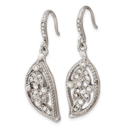Fashion 1928 Silver-Tone White Crystal Textured Leaf Dangle Earrings