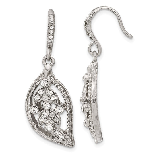 Fashion 1928 Silver-Tone White Crystal Textured Leaf Dangle Earrings