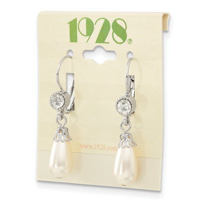 Fashion 1928 Jewelry Silver-Tone Clear Crystal Imitation Pearl Teardrop Dangle Leverback Earrings