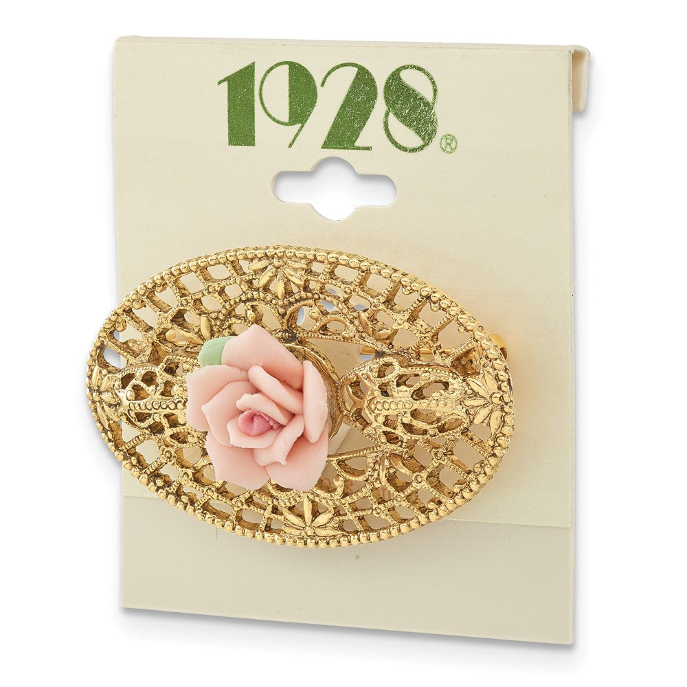 Fashion 1928 Jewelry Gold-Tone Filigree Pink Rose Porcelain Flower Pin Brooch