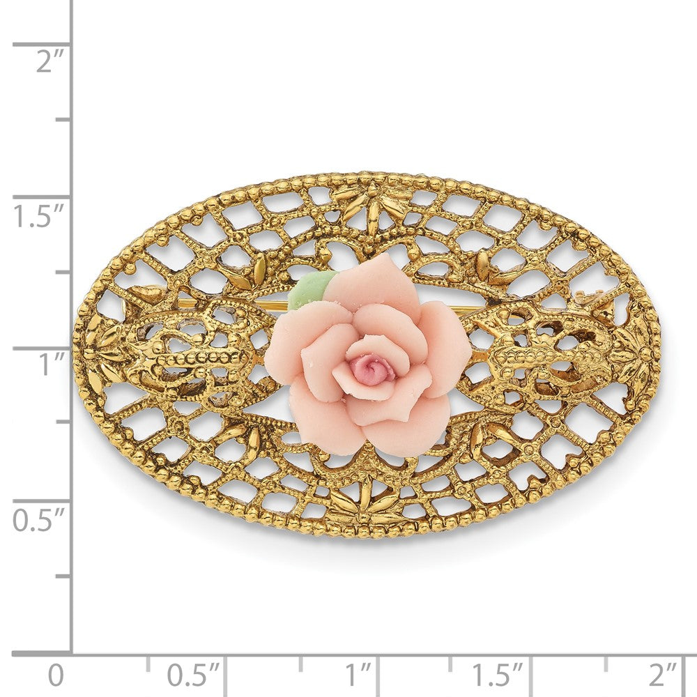 Fashion 1928 Jewelry Gold-Tone Filigree Pink Rose Porcelain Flower Pin Brooch