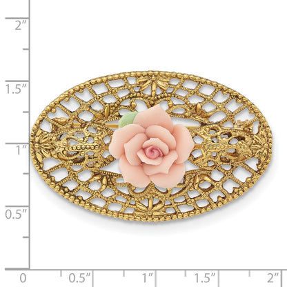 Fashion 1928 Jewelry Gold-Tone Filigree Pink Rose Porcelain Flower Pin Brooch