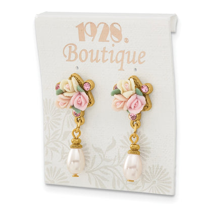 Fashion 1928 Jewelry Gold-Tone Pink Crystal Ivory Peach And Porcelain Rose Flower Bouquet Imitation Pearl Dangle Post Earrings