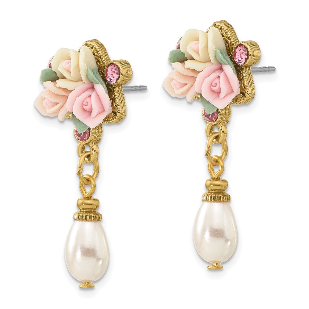 Fashion 1928 Jewelry Gold-Tone Pink Crystal Ivory Peach And Porcelain Rose Flower Bouquet Imitation Pearl Dangle Post Earrings