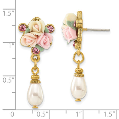 Fashion 1928 Jewelry Gold-Tone Pink Crystal Ivory Peach And Porcelain Rose Flower Bouquet Imitation Pearl Dangle Post Earrings