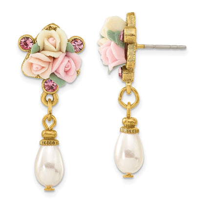 Fashion 1928 Jewelry Gold-Tone Pink Crystal Ivory Peach And Porcelain Rose Flower Bouquet Imitation Pearl Dangle Post Earrings