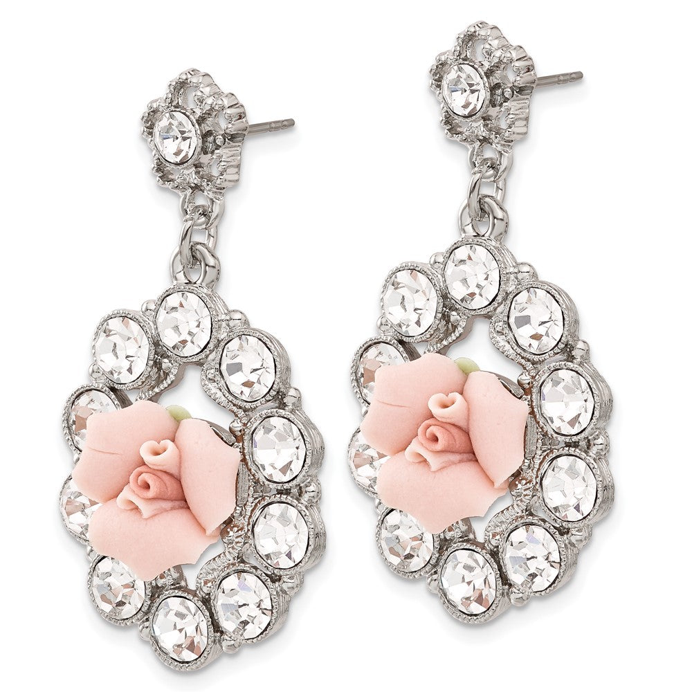 Fashion 1928 Silver-Tone White Crystal Pink Porcelain Flower Post Dangle Earrings