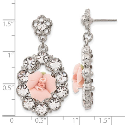 Fashion 1928 Silver-Tone White Crystal Pink Porcelain Flower Post Dangle Earrings