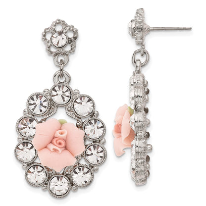 Fashion 1928 Silver-Tone White Crystal Pink Porcelain Flower Post Dangle Earrings