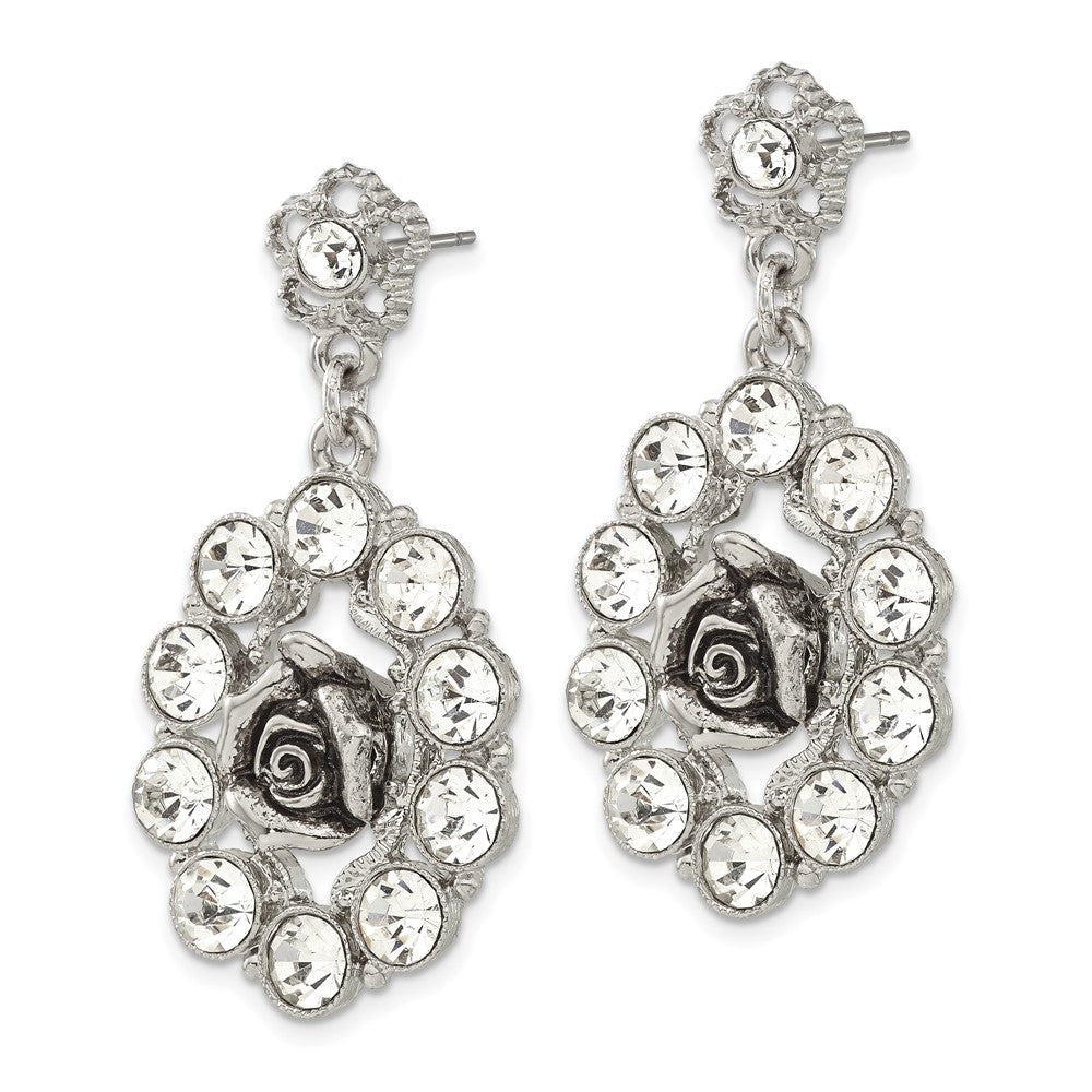 Fashion 1928 Silver-Tone White Crystal Rose Post Dangle Earrings