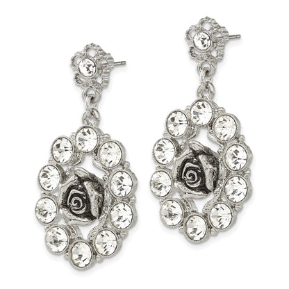 Fashion 1928 Silver-Tone White Crystal Rose Post Dangle Earrings