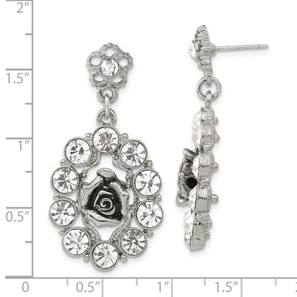 Fashion 1928 Silver-Tone White Crystal Rose Post Dangle Earrings