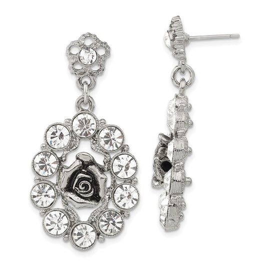 Fashion 1928 Silver-Tone White Crystal Rose Post Dangle Earrings