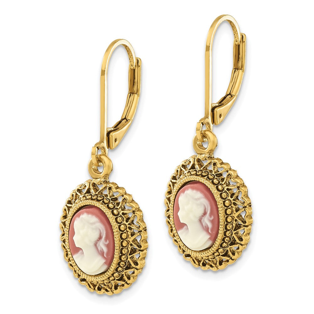 Fashion 1928 Jewelry Gold-Tone Filigree Frame Ivory Colored Lady Acrylic Cameo Dangle Leverback Earrings