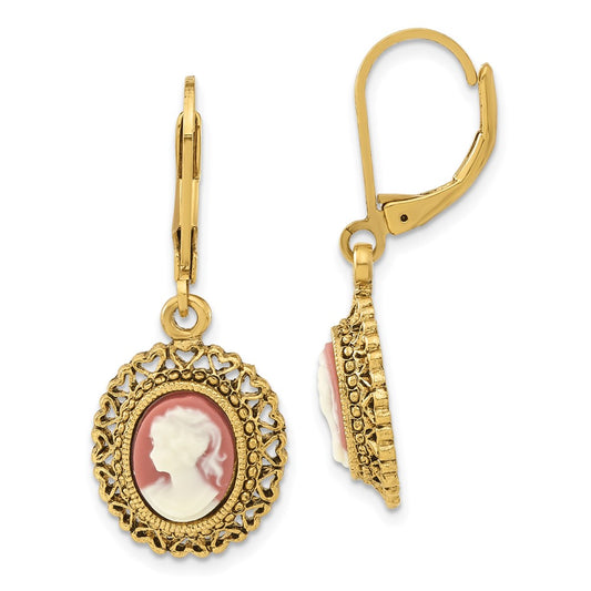 Fashion 1928 Jewelry Gold-Tone Filigree Frame Ivory Colored Lady Acrylic Cameo Dangle Leverback Earrings