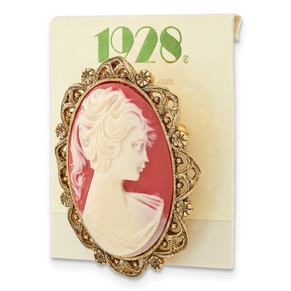 Fashion 1928 Jewelry Gold-Tone Filigree Frame Ivory Colored Lady Acrylic Cameo Pin Brooch