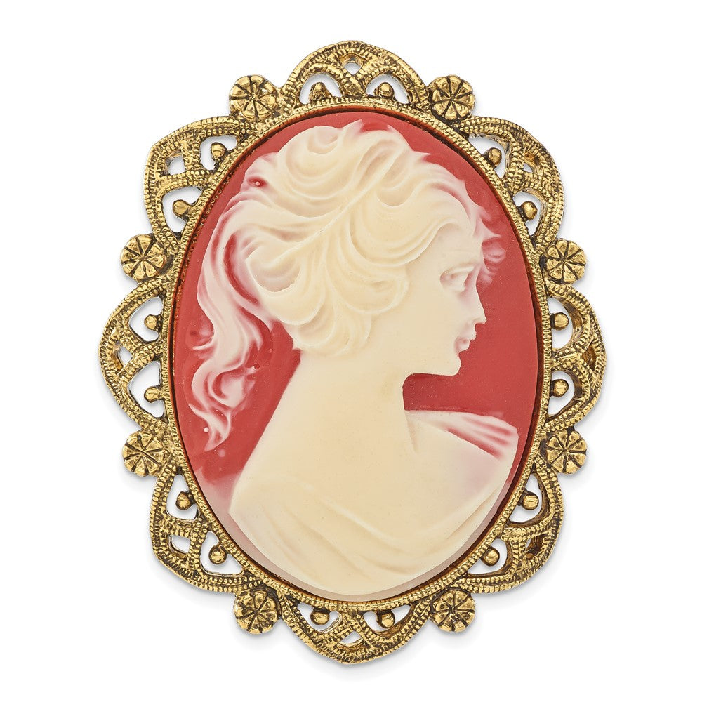 Fashion 1928 Jewelry Gold-Tone Filigree Frame Ivory Colored Lady Acrylic Cameo Pin Brooch