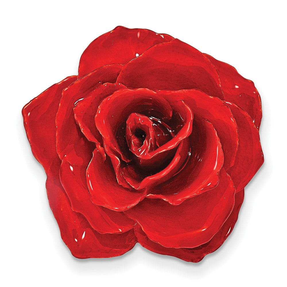 Non Metal Lacquer Dipped Red Real Rose Blossom Silver-Tone Pin Brooch