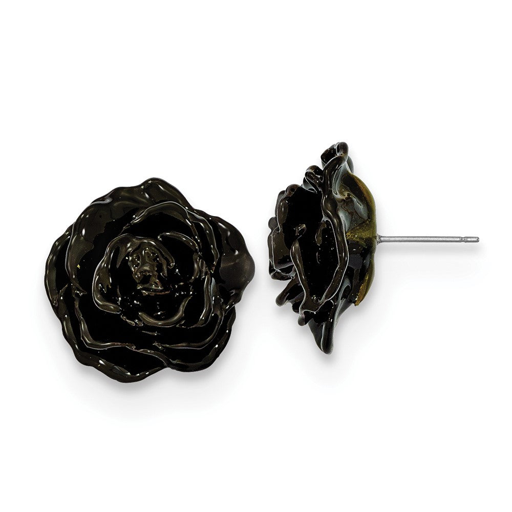 Non Metal Lacquer Dipped Black Real Rose Silver-Tone Post Earrings
