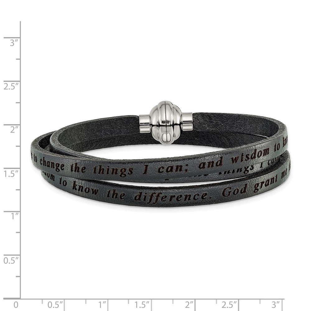 Stainless Steel Amen Serenity Prayer Black Leather Wrap With Magnetic Clasp 22.25 Inch Bracelet