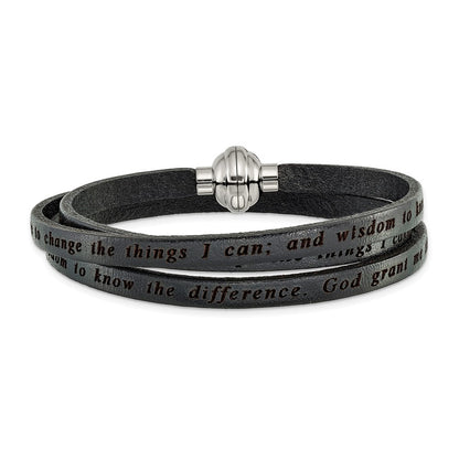 Stainless Steel Amen Serenity Prayer Black Leather Wrap With Magnetic Clasp 21 Inch Bracelet