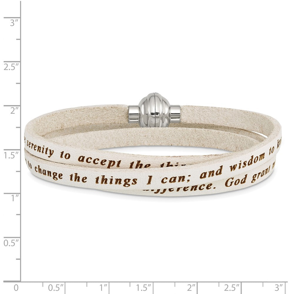 Stainless Steel Amen Serenity Prayer White Leather Wrap With Magnetic Clasp 21 Inch Bracelet