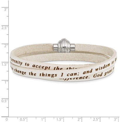 Stainless Steel Amen Serenity Prayer White Leather Wrap With Magnetic Clasp 21 Inch Bracelet