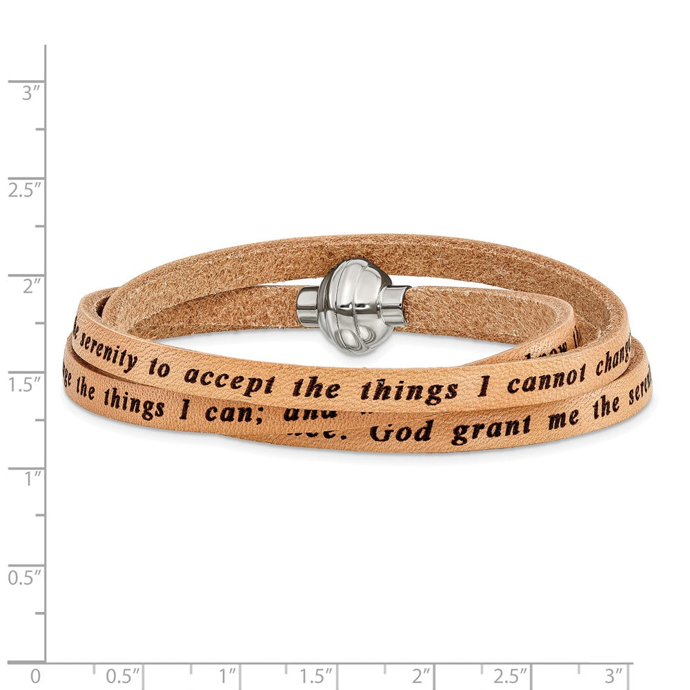 Stainless Steel Amen Serenity Prayer Tan Leather Wrap With Magnetic Clasp 22.25 Inch Bracelet
