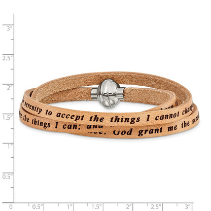AMEN Stainless Steel Serenity Prayer Tan Leather Wrap with Magnetic Clasp 23.5 Inch Bracelet