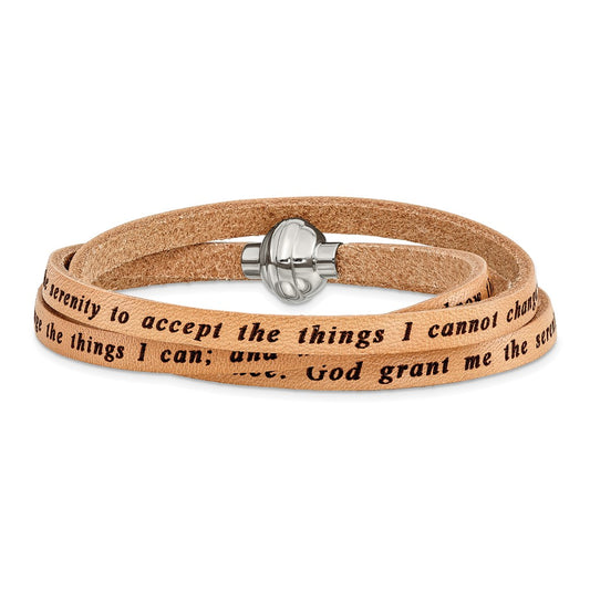 Stainless Steel Amen Serenity Prayer Tan Leather Wrap With Magnetic Clasp 22.25 Inch Bracelet
