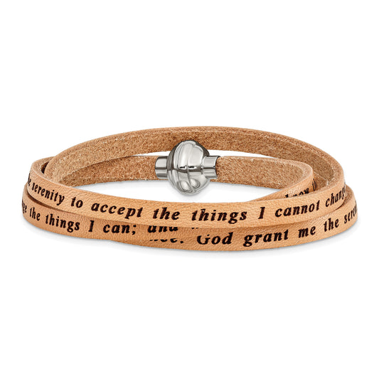 Stainless Steel Amen Serenity Prayer Tan Leather Wrap With Magnetic Clasp 21 Inch Bracelet