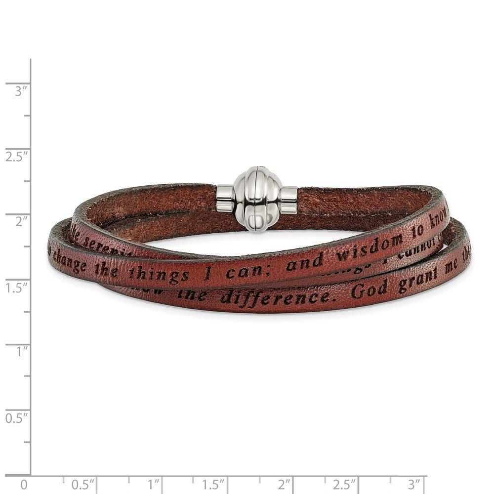 Stainless Steel Amen Serenity Prayer Brown Leather Wrap With Magnetic Clasp 22.25 Inch Bracelet