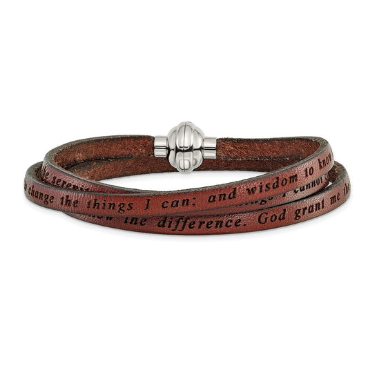 Stainless Steel Amen Serenity Prayer Brown Leather Wrap With Magnetic Clasp 22.25 Inch Bracelet