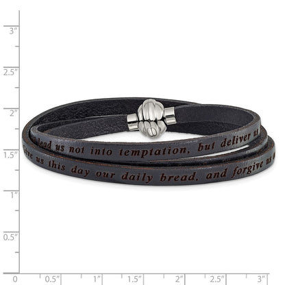 Stainless Steel Amen Lord'S Prayer Black Leather Wrap With Magnetic Clasp 22.25 Inch Bracelet