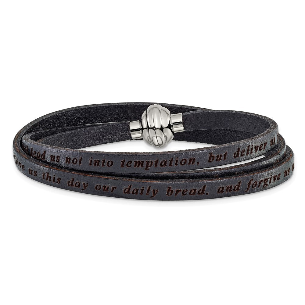 Stainless Steel Amen Lord'S Prayer Black Leather Wrap With Magnetic Clasp 22.25 Inch Bracelet