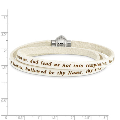 Stainless Steel Amen Lord'S Prayer White Leather Wrap With Magnetic Clasp 21 Inch Bracelet