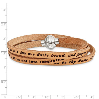 Stainless Steel Amen Lord'S Prayer Tan Leather Wrap With Magnetic Clasp 23.5 Inch Bracelet