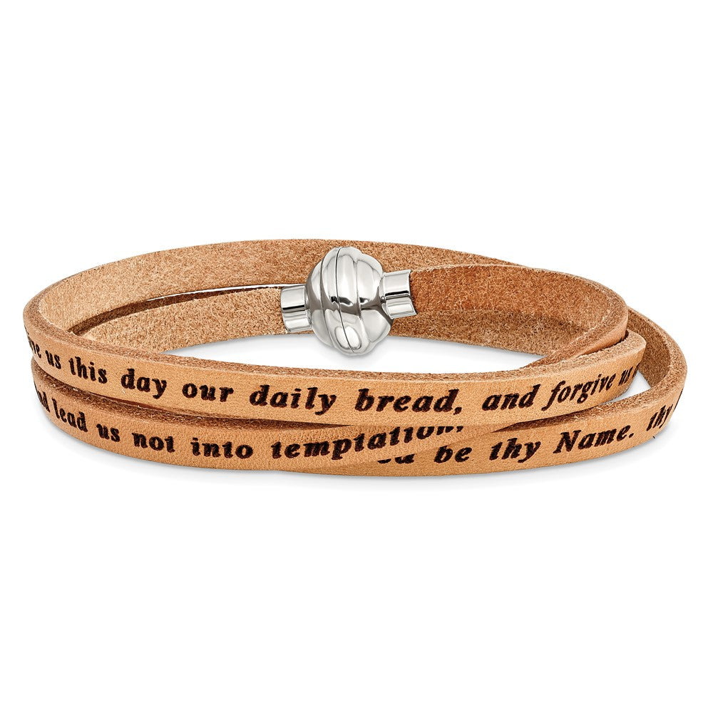 Stainless Steel Amen Lord'S Prayer Tan Leather Wrap With Magnetic Clasp 21 Inch Bracelet