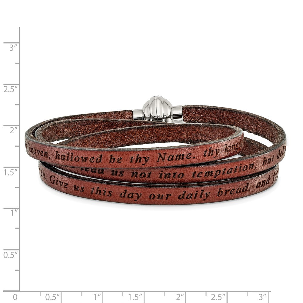 22.5 Inch Amen Stainless Steel Lord'S Prayer Brown Leather Wrap With Magnetic Clasp 22.25 Bracelet