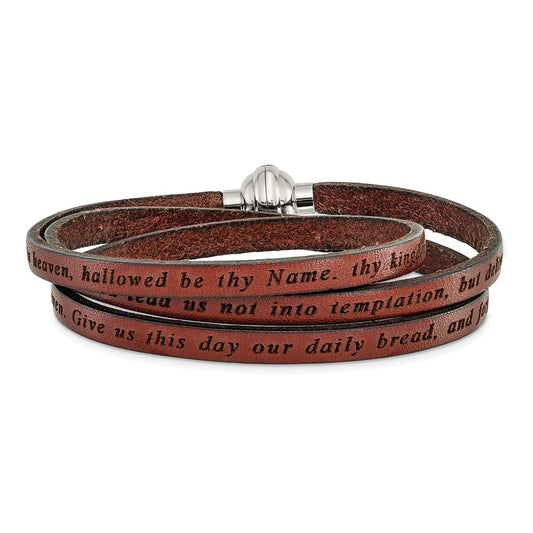 Stainless Steel Amen Lord'S Prayer Brown Leather Wrap With Magnetic Clasp 23.5 Inch Bracelet