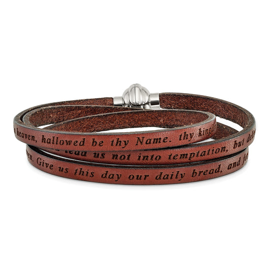 Stainless Steel Amen Lord'S Prayer Brown Leather Wrap With Magnetic Clasp 21 Inch Bracelet