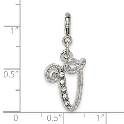 Fashion 1928 Silver-Tone Crystal Initial V Spring Ring Charm