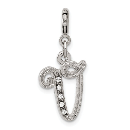 Fashion 1928 Silver-Tone Crystal Initial V Spring Ring Charm