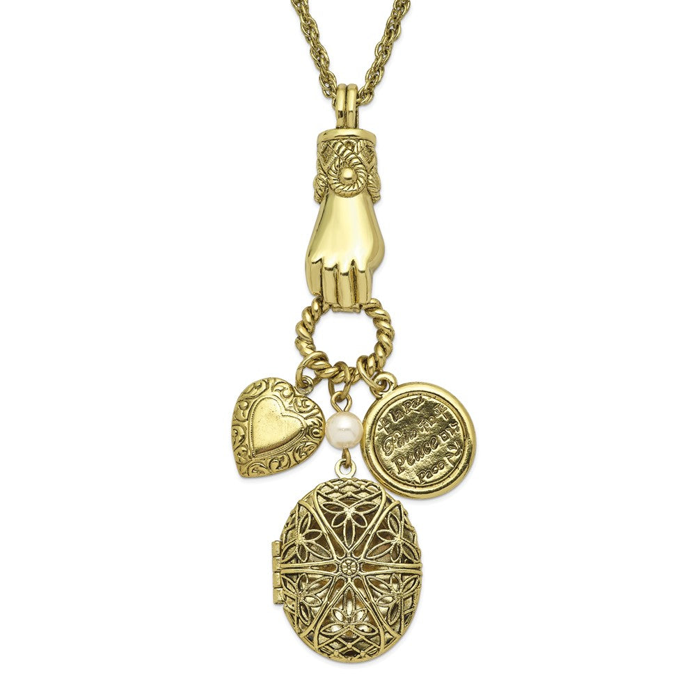 Fashion 1928 Jewelry Brass-Tone Hand Holding Oval 28mm Locket And Polished Heart Peace Charm 30 Inch Necklace Holds 2 Photos
