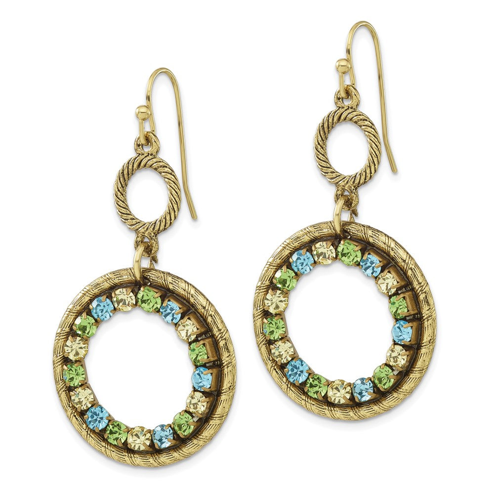 Fashion 1928 Jewelry Brass-Tone Textured Frame Blue Green And Light Colorado Crystal Double Circle Dangle Earrings