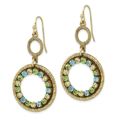 Fashion 1928 Jewelry Brass-Tone Textured Frame Blue Green And Light Colorado Crystal Double Circle Dangle Earrings