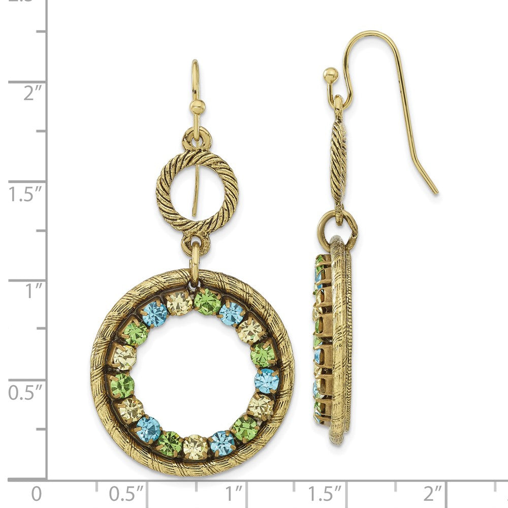 Fashion 1928 Jewelry Brass-Tone Textured Frame Blue Green And Light Colorado Crystal Double Circle Dangle Earrings