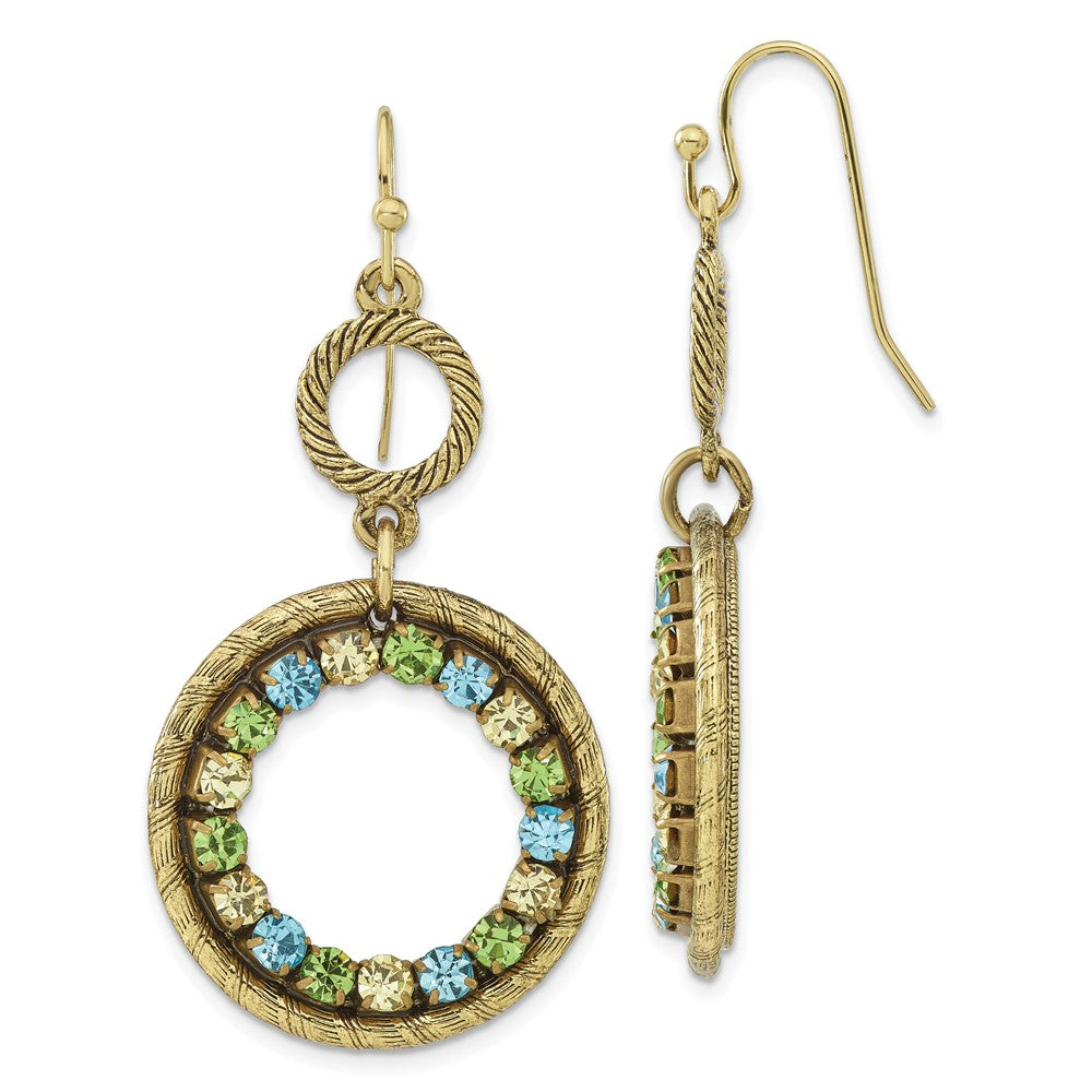 Fashion 1928 Jewelry Brass-Tone Textured Frame Blue Green And Light Colorado Crystal Double Circle Dangle Earrings